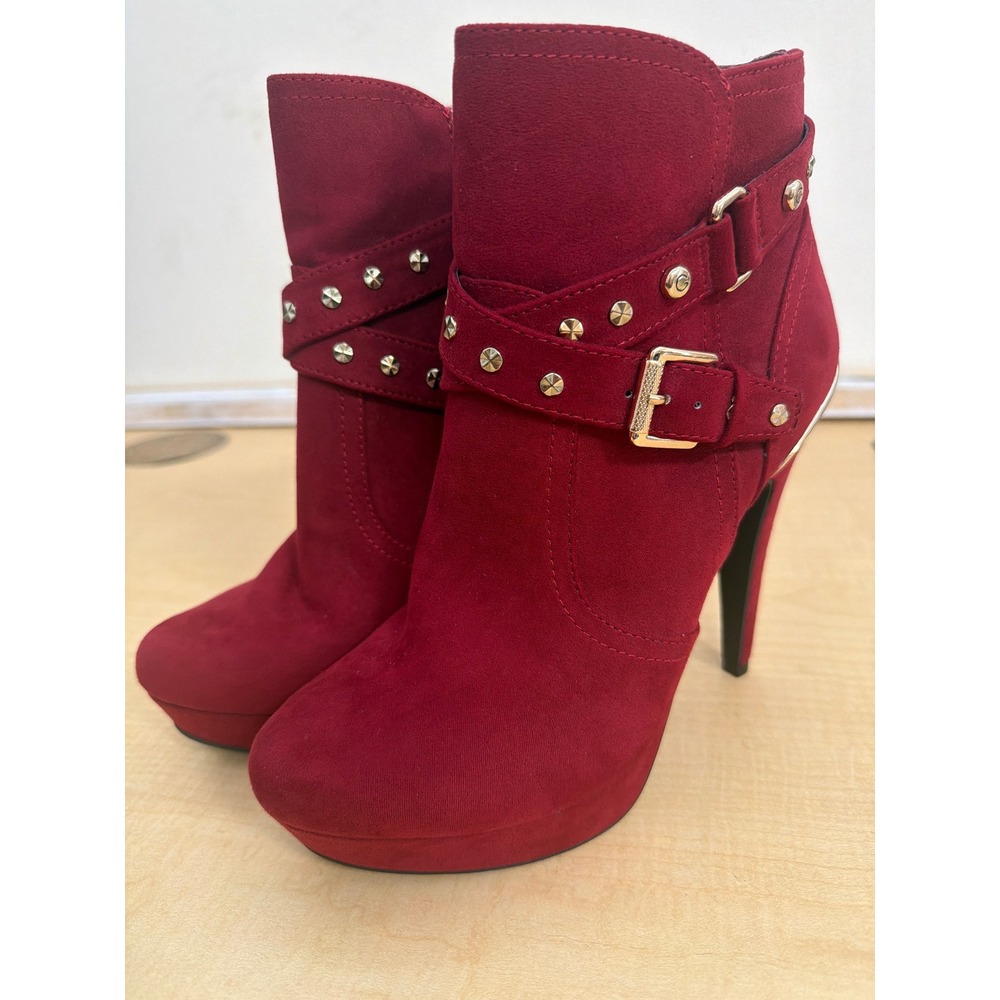 G by GUESS Red Faux Suede Studded Buckle Platform Stiletto Ankle Boots